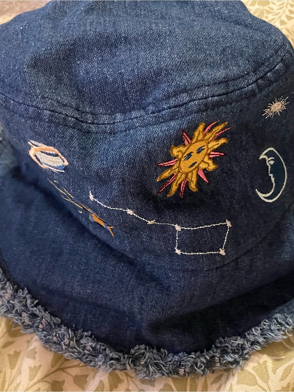 Embroidered Denim Bucket Hat with Sun & Moon Motifs - Navy Blue
